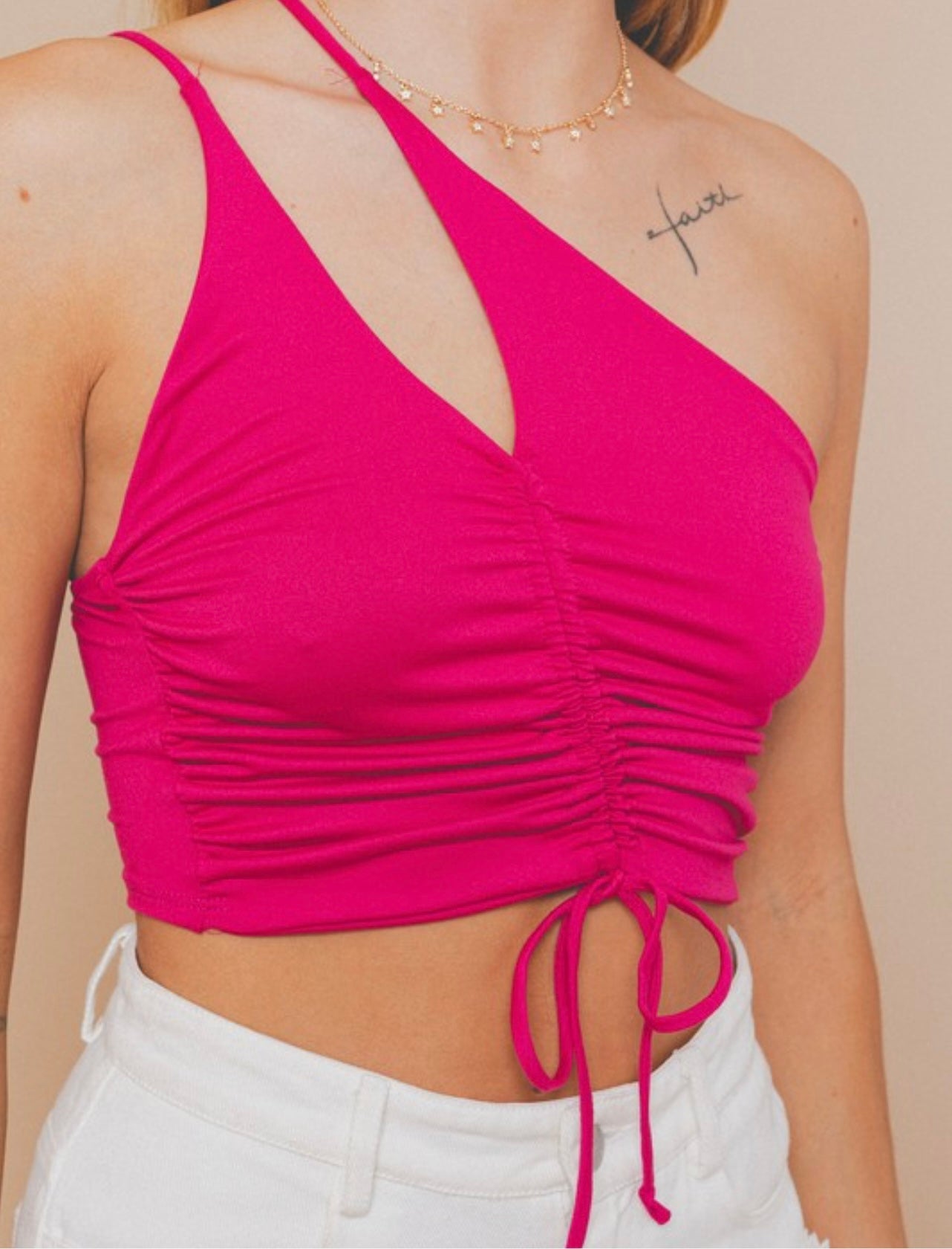 Fuchsia One Shoulder Ruched Crop Top