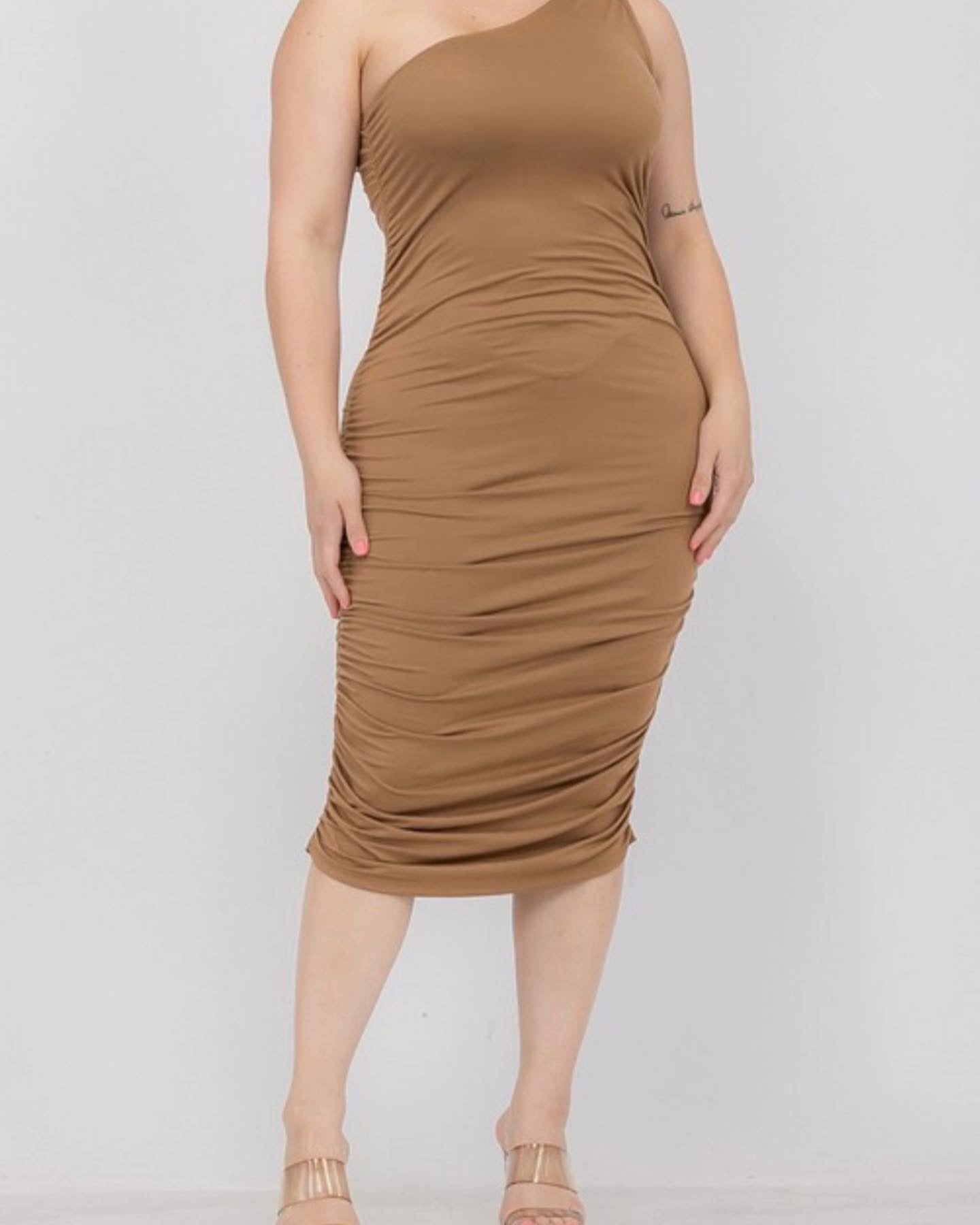 Mocha Ruched One Shoulder Dress