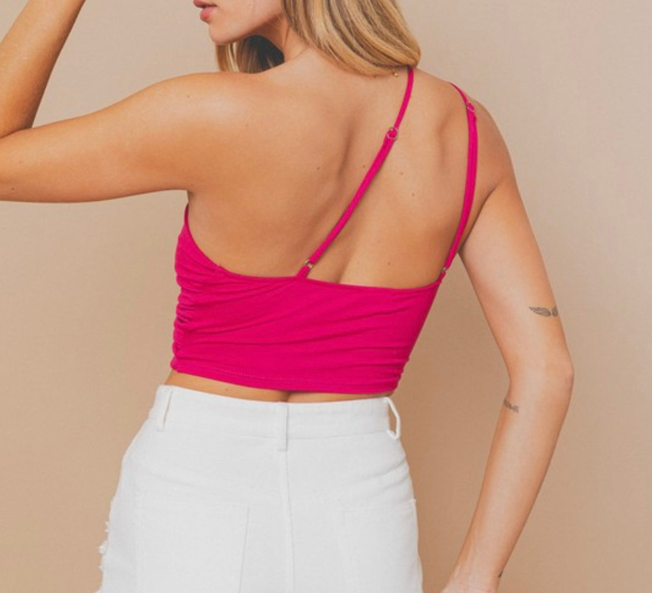 Fuchsia One Shoulder Ruched Crop Top